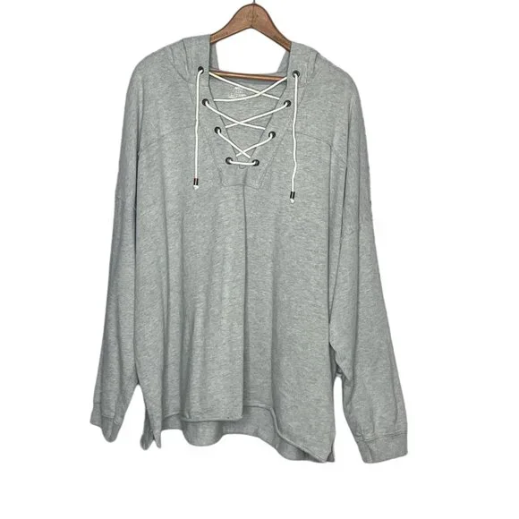 Aerie Large L Gray Lace Up Sunday Soft 100% Cotton‎ Pullover Hoodie Sweater - Picture 4 of 7